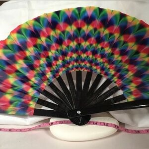 FairySandy Large Rave Fan. 25 “ Yellow, blue, green, fushia pattern. New